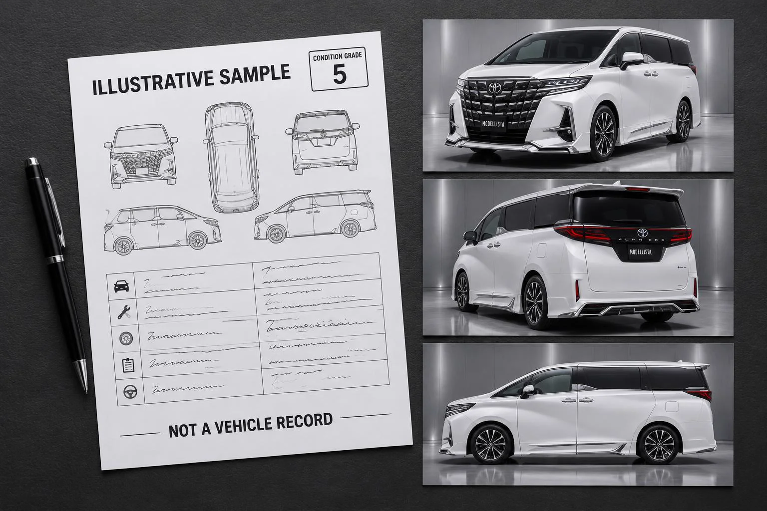 Original illustrative sample inspection sheet showing condition grade 5, clearly marked not a vehicle record