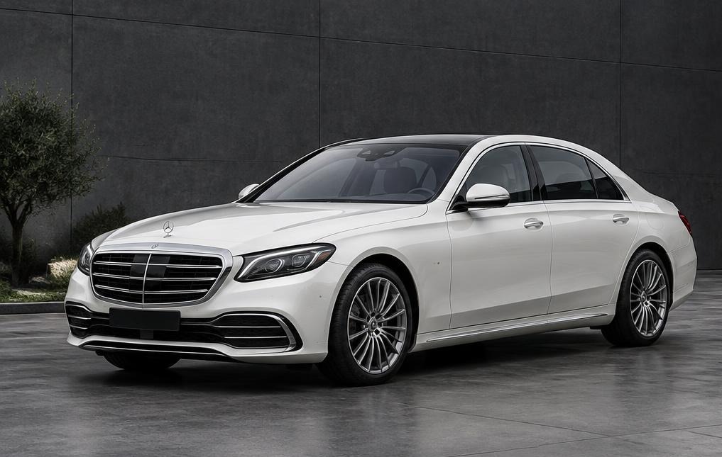 Illustrative white Mercedes-Benz S-Class sedan